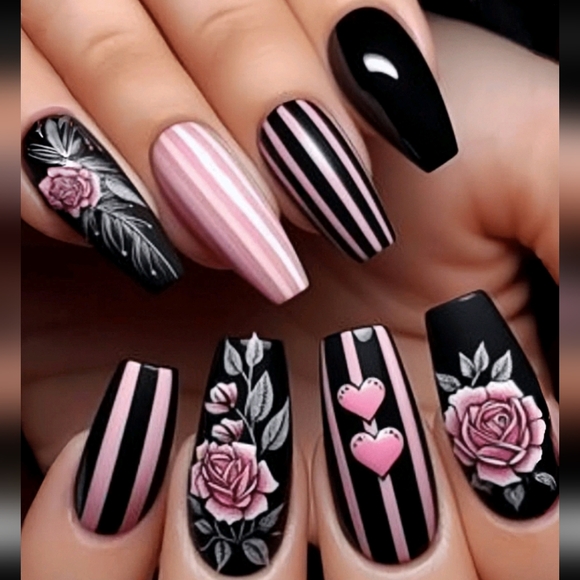 Other - Black and Pink Floral Press-on Nails
